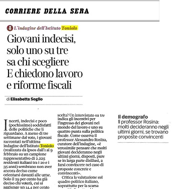 Giovani indecisi: solo 1 su 3 sa chi scegliere. E chiedono lavoro e riforme fiscali CORRIERE DELLA SERA