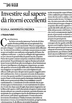 Fedeli: “Investire sul sapere dà ritorni eccellenti” IL SOLE 24 ORE