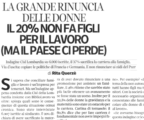 La grande rinuncia delle donne CORRIERE DELLA SERA - 19 Dicembre 2022