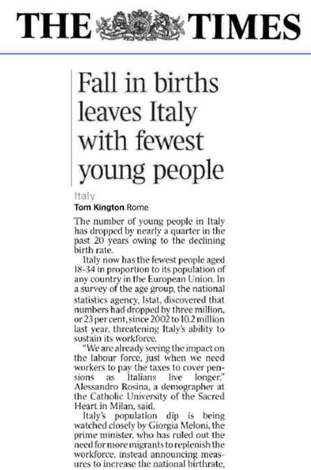 FALL IN BIRTHS LEAVES ITALY WITH FEWEST YOUNG PEOPLE THE TIMES - 15 Ottobre 2023