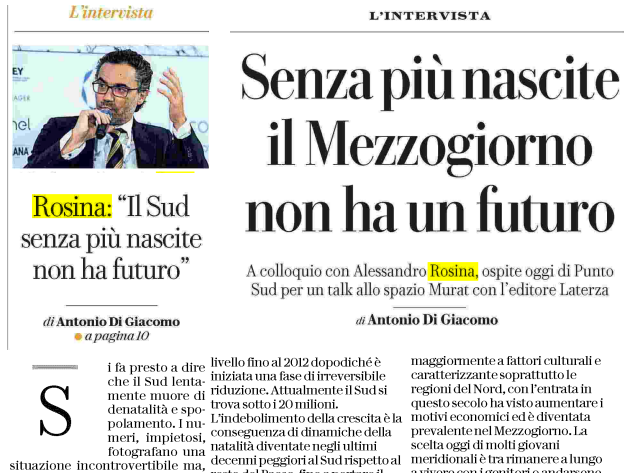 Senza più nascite il Mezzogiorno non ha un futuro LA REPUBBLICA (ed. Bari) - 20 Ottobre 2023