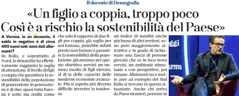 “Un figlio a coppia? Troppo poco. Così è a rischio la sostenibilità del Paese”. L'ARENA - 4 gennaio 2024