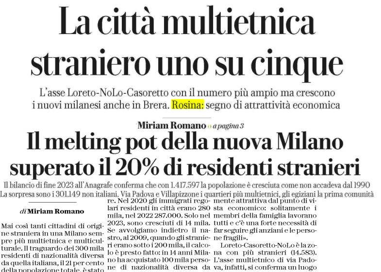 La città multietnica. Straniero 1 su 5 REPUBBLICA ed. Milano - 15 Febbraio 2024