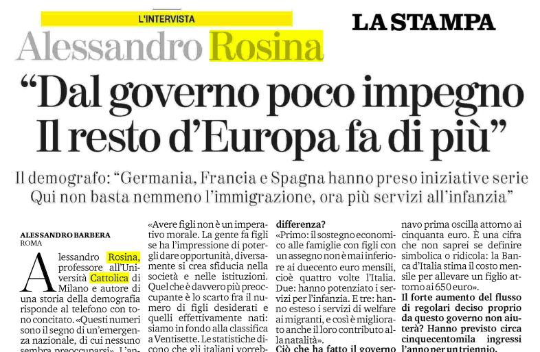 Il demografo Rosina: “Pochi figli in Italia? Dal governo poco impegno, il resto d’Europa fa di più” LA STAMPA - 30 Marzo 2024