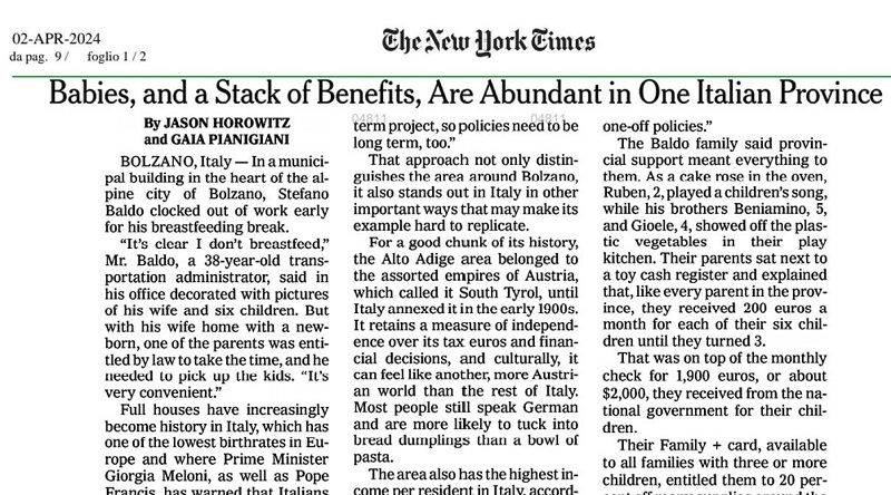 Babies, and a stack of benefits, are abundant in one italian province NEW YORK TIMES - 2 Aprile 2024
